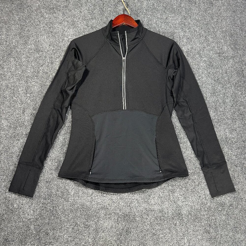 Athleta Tech Mesh Detail 1/2 Zip Top Womens Small Black Stretch Thumb Holes Pock